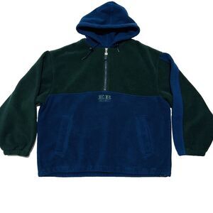 Vintage Eddie Bauer Fleece Hoodie Blue Green Colorblock Half Zip Size L